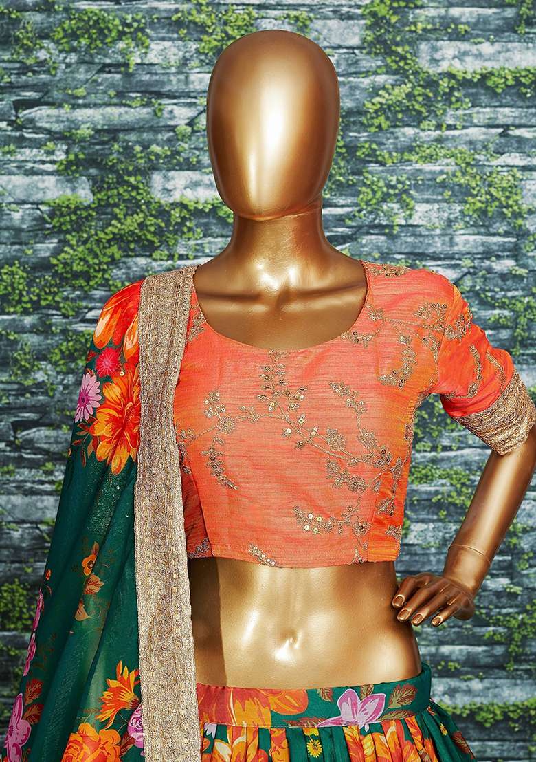 Green Floral Print Organza Lehenga Set for Diwali and Festive Wear - Indya