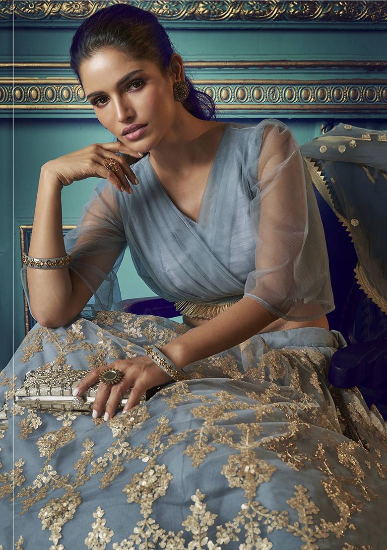 Grey Sequin Embroidered Net Lehenga Set