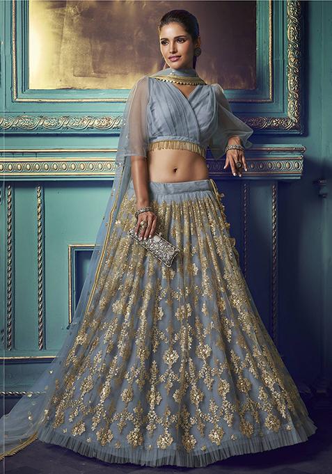 Grey Sequin Embroidered Net Lehenga Set