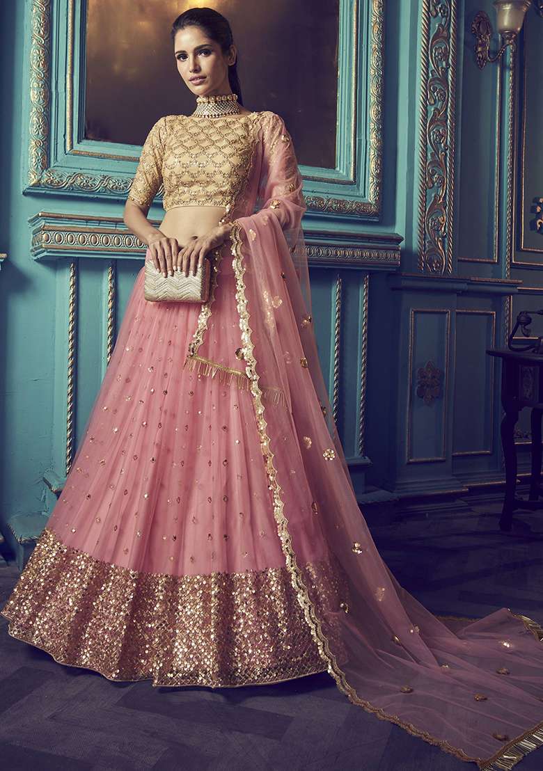 Pink Sequin Embroidered Net Lehenga Set for Diwali and Festive Wear - Indya