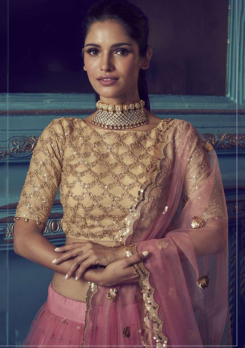 Pink Sequin Embroidered Net Lehenga Set for Diwali and Festive Wear - Indya