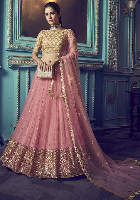 Pink Sequin Embroidered Net Lehenga Set