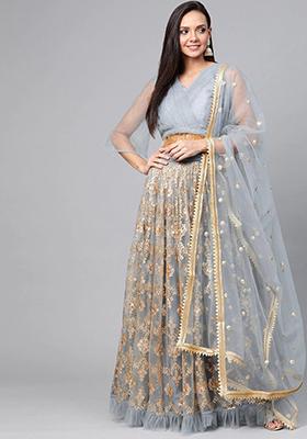Grey Embroidered Poly Blend Lehenga Set