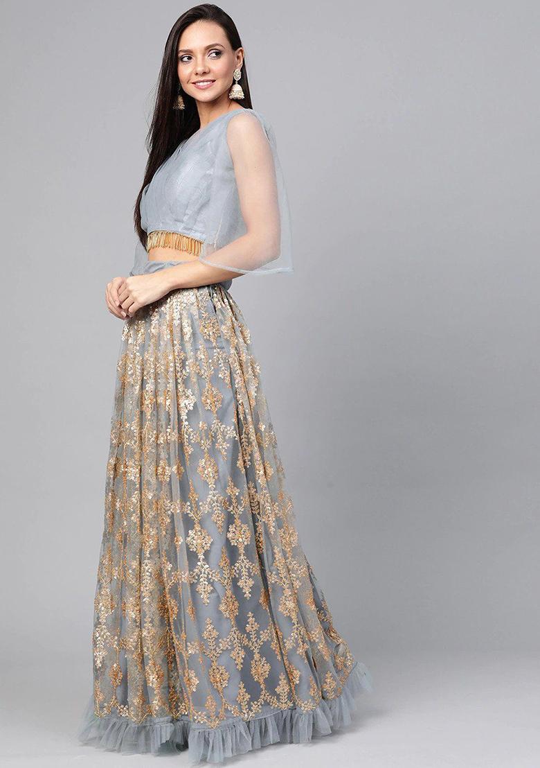 Grey Embroidered Poly Blend Lehenga Set