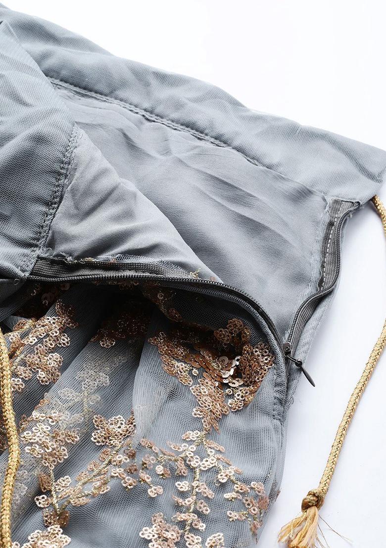 Grey Embroidered Poly Blend Lehenga Set