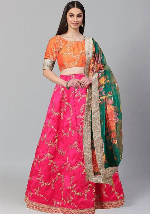 Pink Embroidered Mulberry Silk Lehenga Set