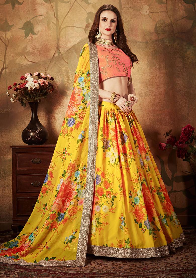 Yellow Digital Print Organza Lehenga Set