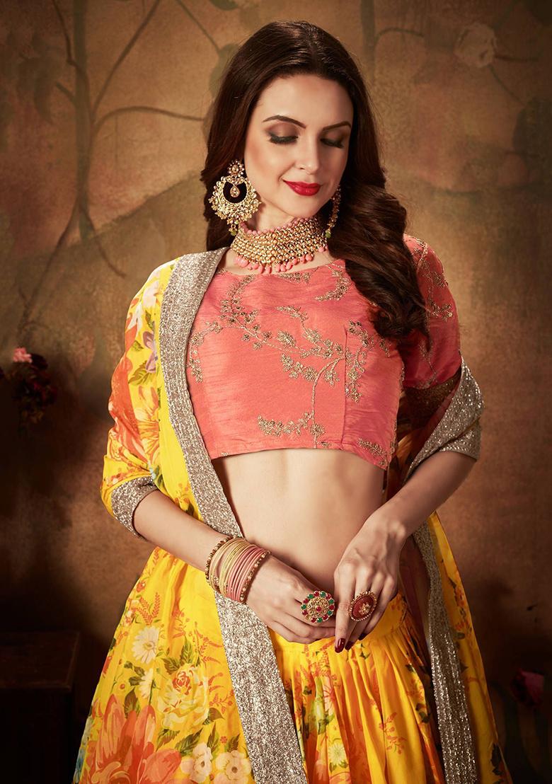 Yellow Digital Print Organza Lehenga Set