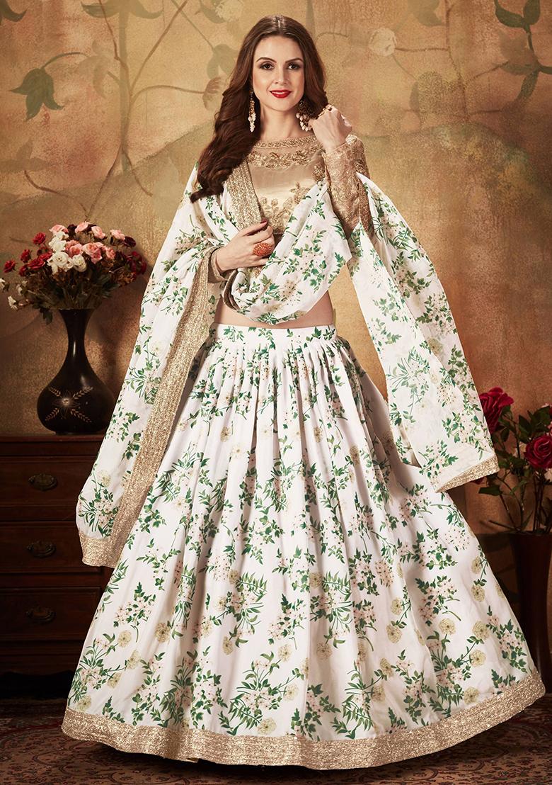 White Digital Print Organza Lehenga Set