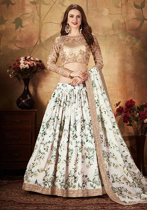 White Digital Print Organza Lehenga Set