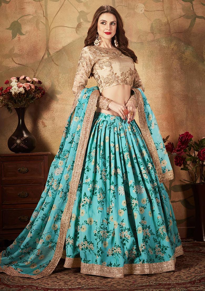 Sky Blue Digital Print Organza Lehenga Set