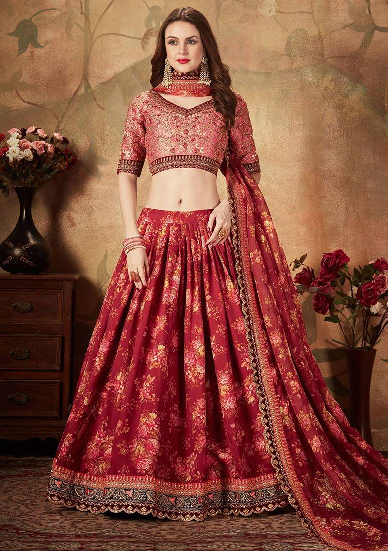 Maroon Digital Print Organza Lehenga Set for Diwali and Festive Wear - Indya