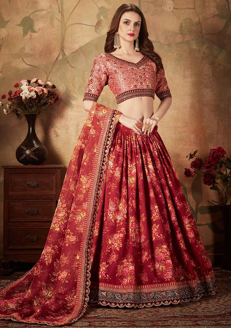Maroon Digital Print Organza Lehenga Set
