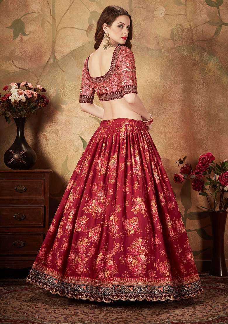 Maroon Digital Print Organza Lehenga Set for Diwali and Festive Wear - Indya