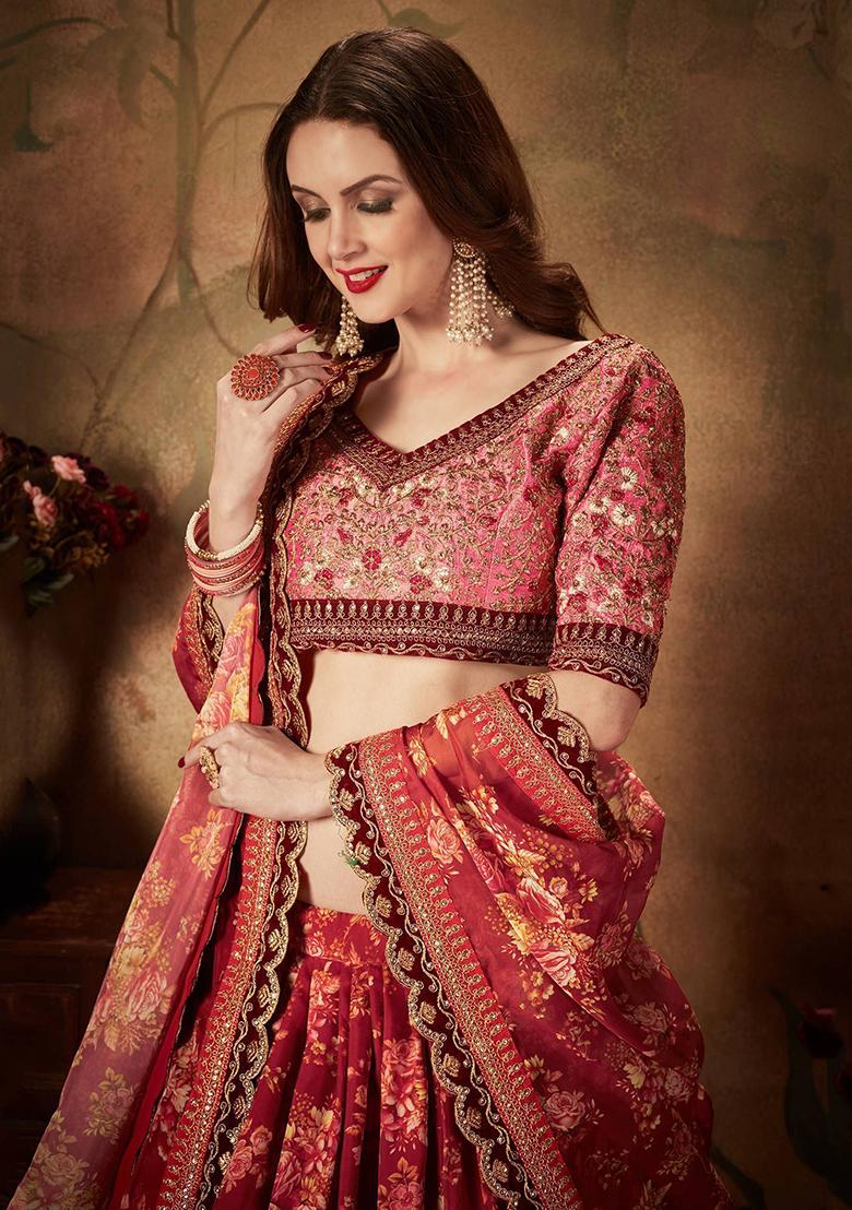 Maroon Digital Print Organza Lehenga Set