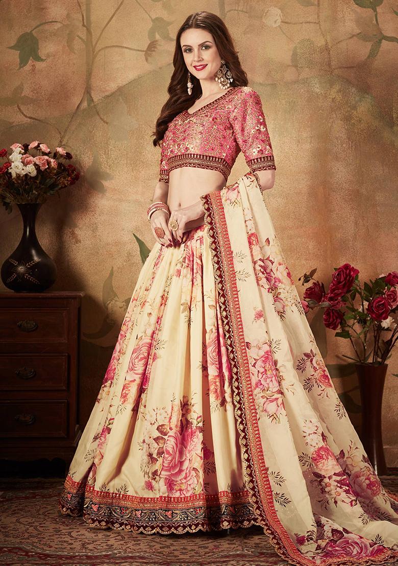 Off White Digital Print Organza Lehenga Set