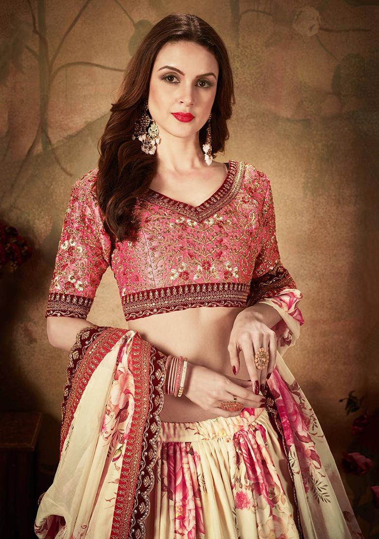 Off White Digital Print Organza Lehenga Set