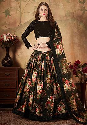 Black Digital Print Organza Lehenga Set