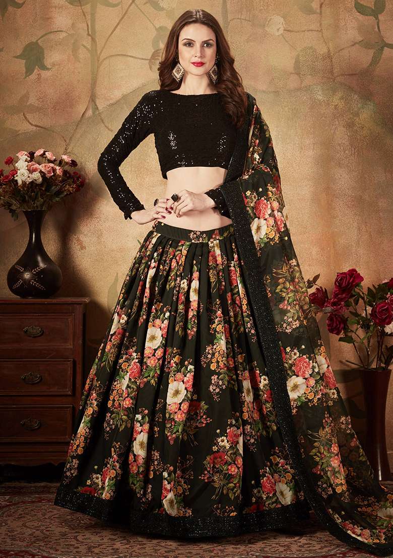 Black Organza Lehenga Set with Digital Print for Diwali | Wedding & Festive Wear - Indya