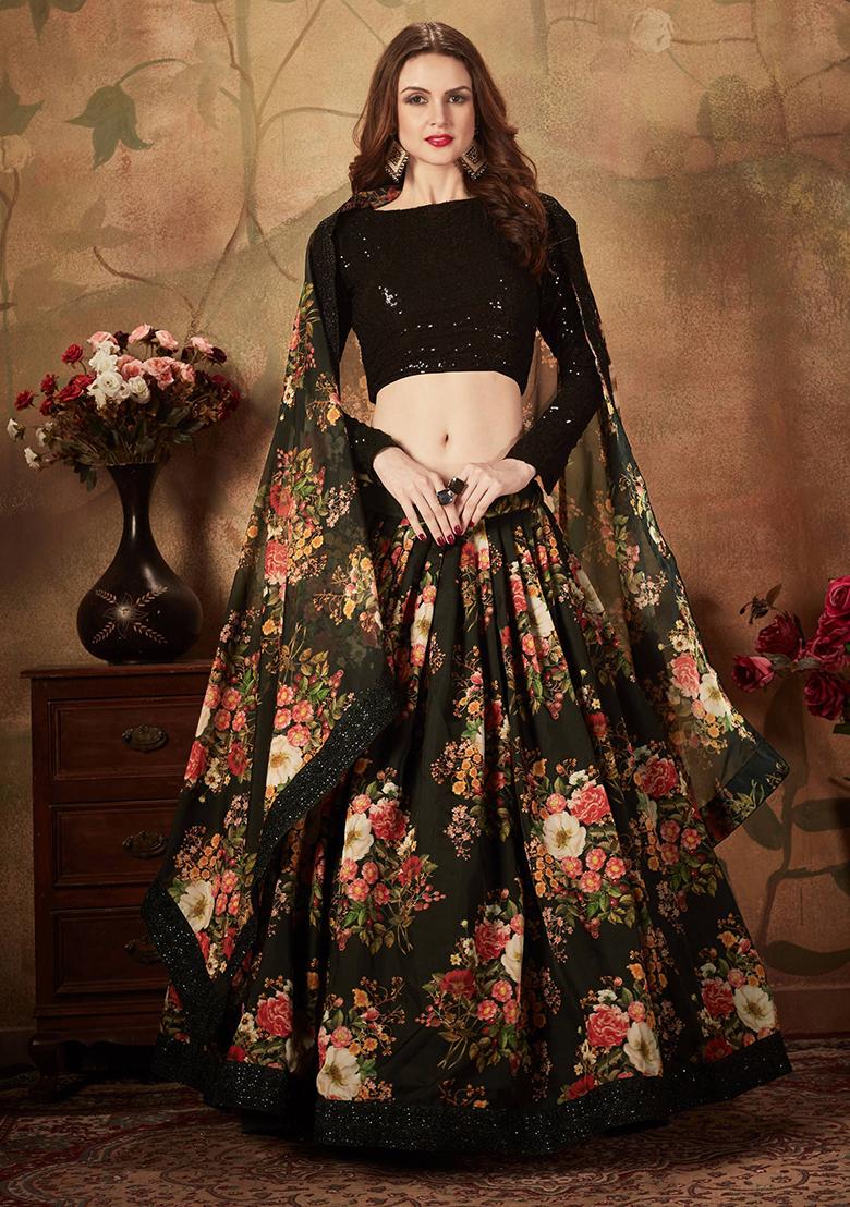 Black Digital Print Organza Lehenga Set
