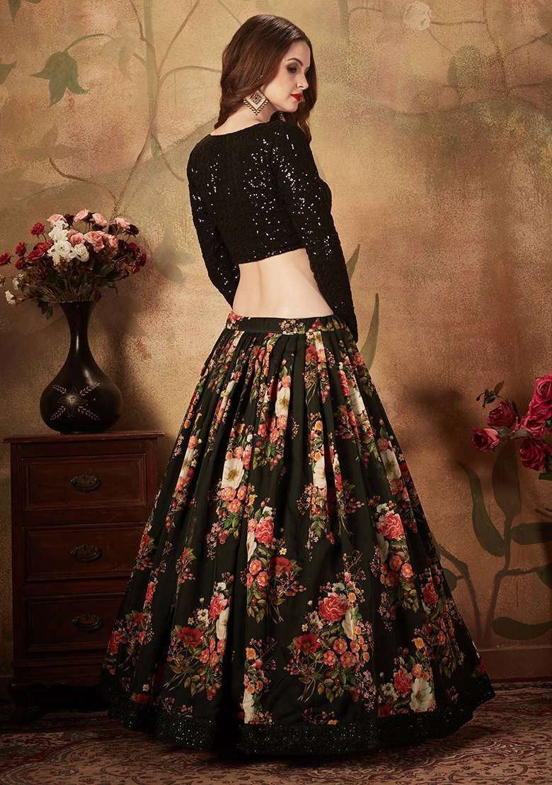 Black Organza Lehenga Set with Digital Print for Diwali | Wedding & Festive Wear - Indya