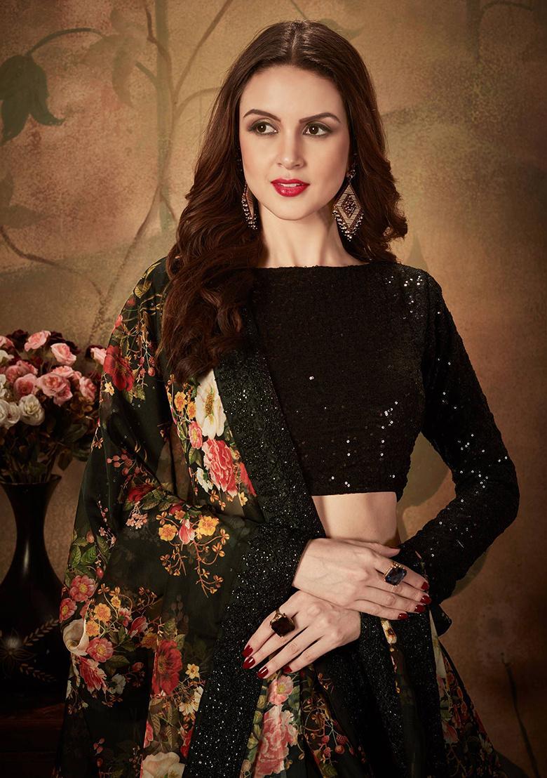 Black Digital Print Organza Lehenga Set
