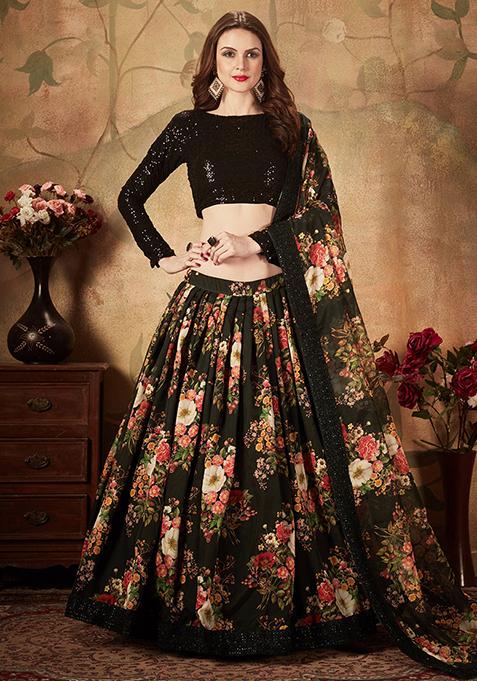 Black Digital Print Organza Lehenga Set