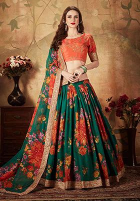 Green Digital Print Organza Lehenga Set
