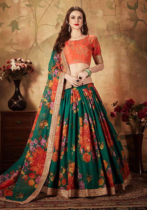Green Digital Print Organza Lehenga Set