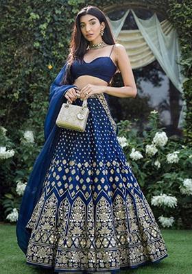 Navy Blue Embroidered Poly Blend Lehenga Set