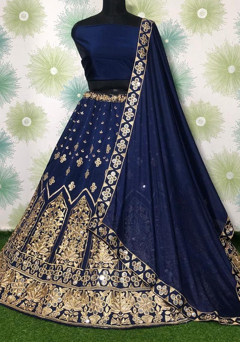 Navy Blue Embroidered Poly Blend Lehenga Set