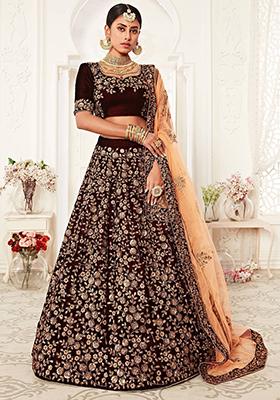Maroon Embroidered Velvet Lehenga Set