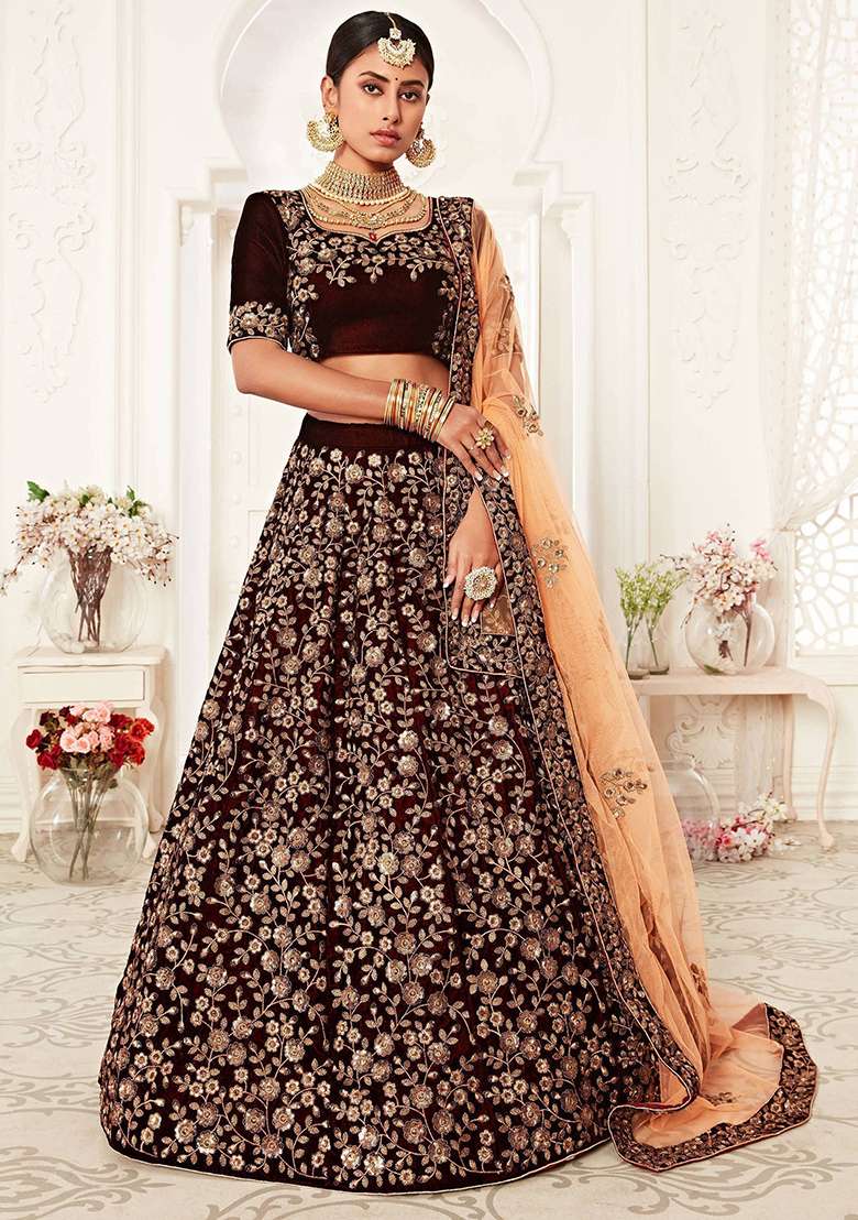 Maroon Embroidered Velvet Lehenga Set - Indya