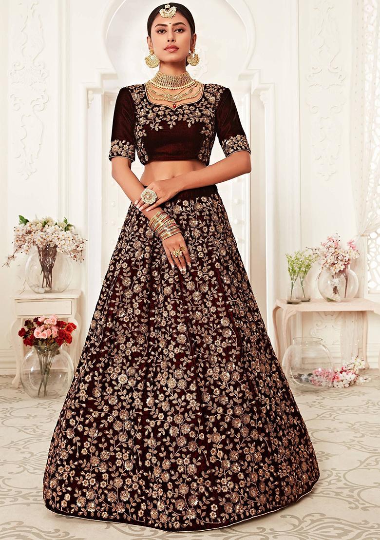 Maroon Embroidered Velvet Lehenga Set