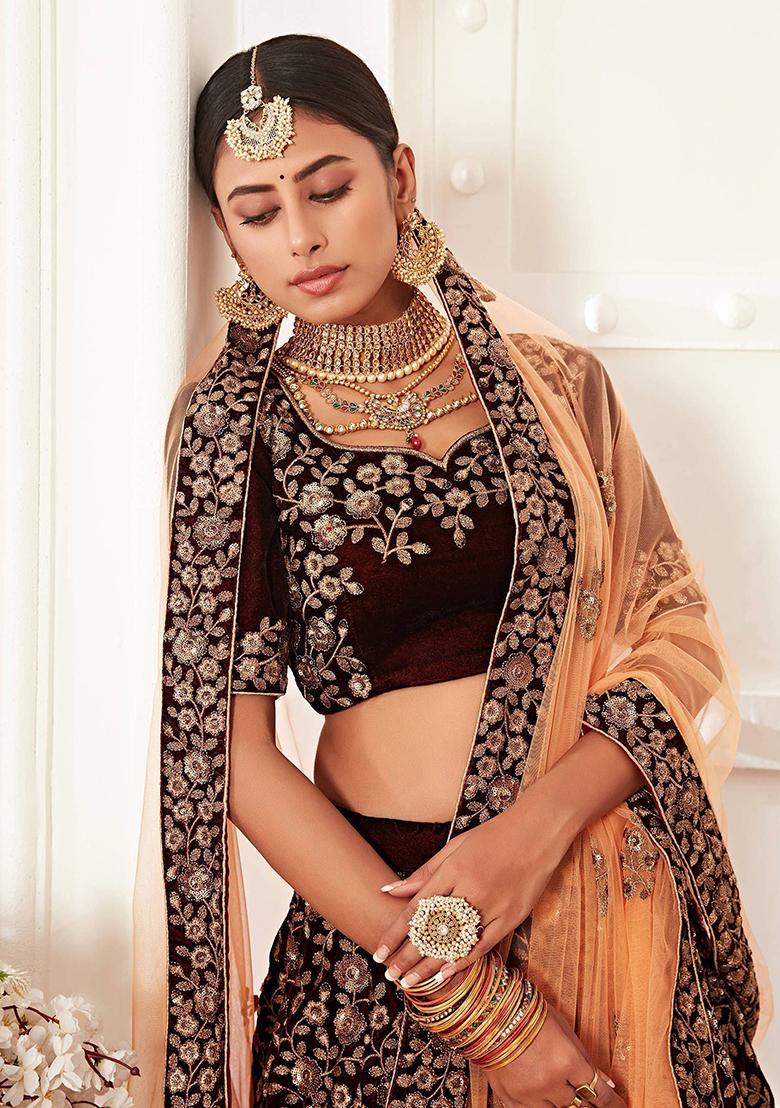 Maroon Embroidered Velvet Lehenga Set