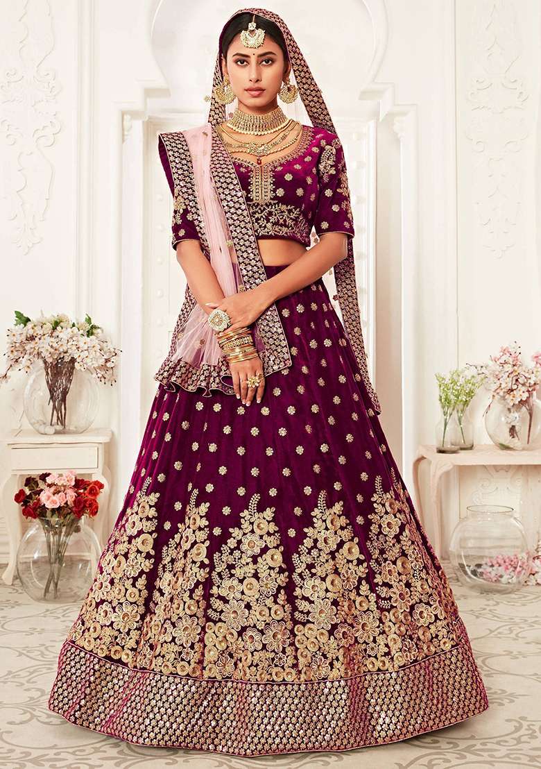 Purple Embroidered Poly Blend Lehenga Set for Diwali and Festive Wear - Indya
