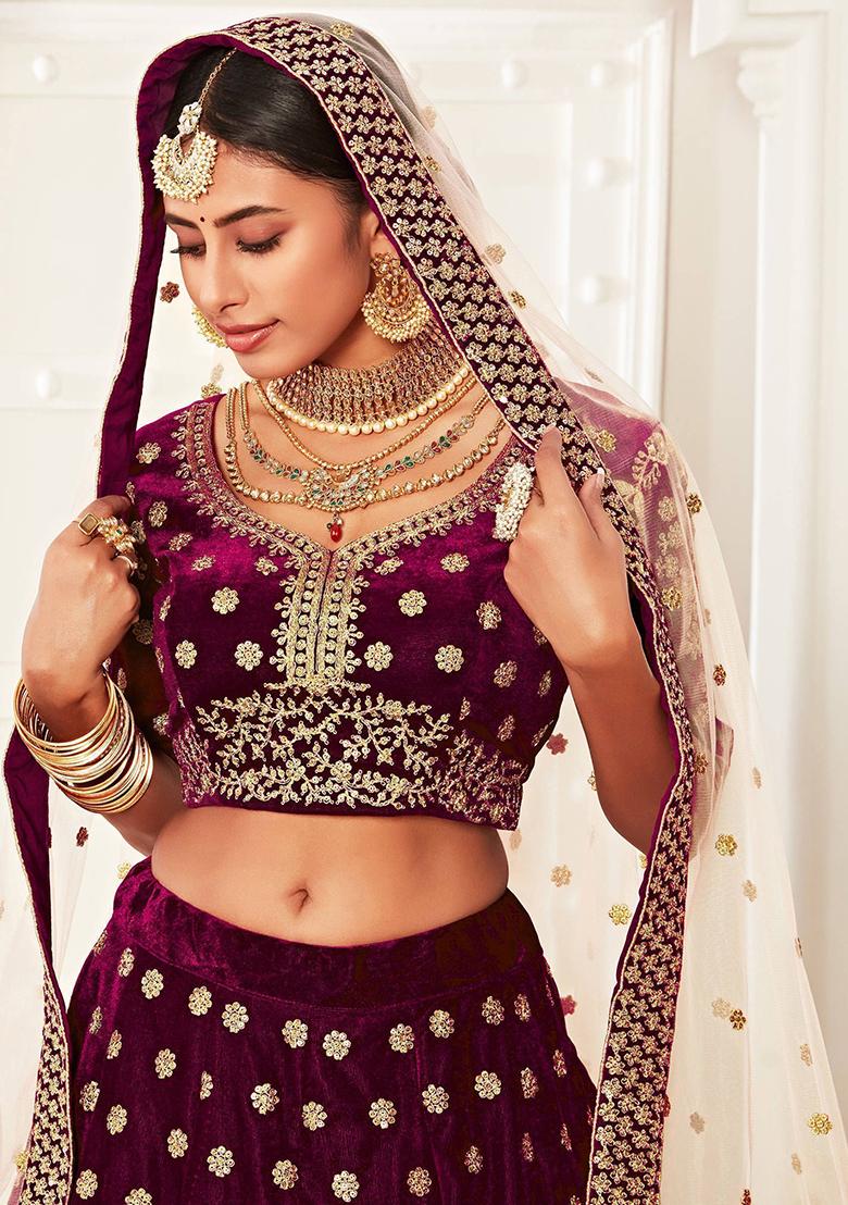 Purple Embroidered Poly Blend Lehenga Set