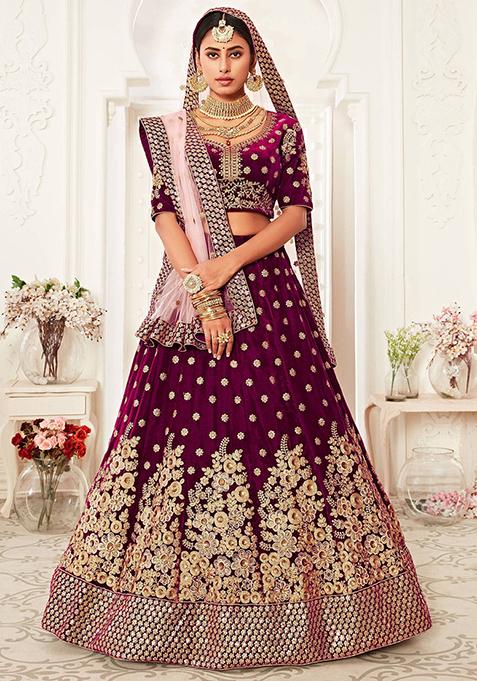 Purple Embroidered Poly Blend Lehenga Set