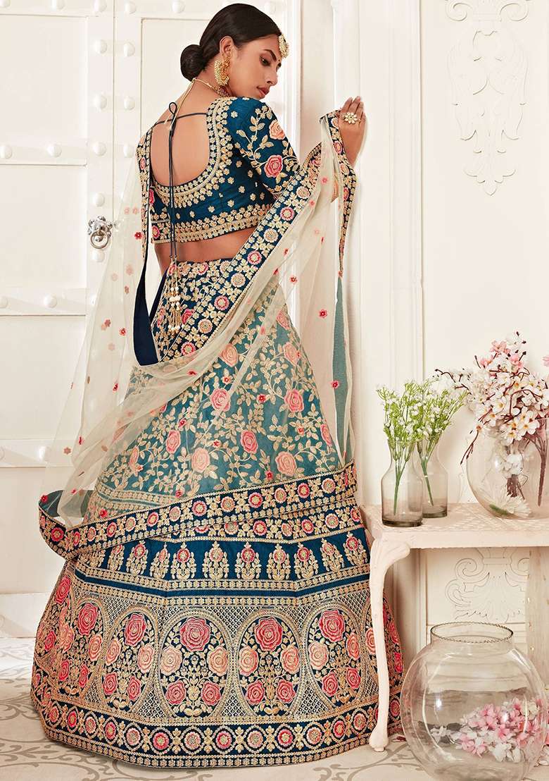 Blue Silk Blend Lehenga Set with Embroidered for Diwali | Wedding & Festive Wear - Indya