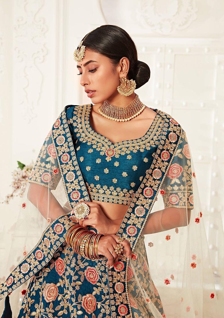 Blue Embroidered Silk Lehenga Set