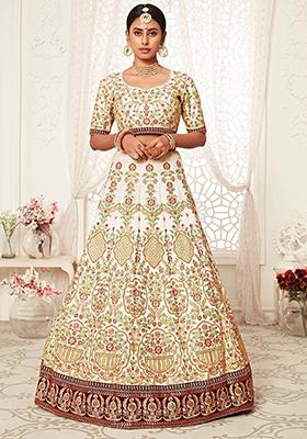 Off White Floral Print Art Silk Lehenga Set