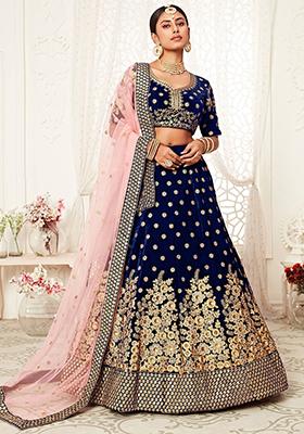 Navy Blue Embroidered Poly Blend Lehenga Set