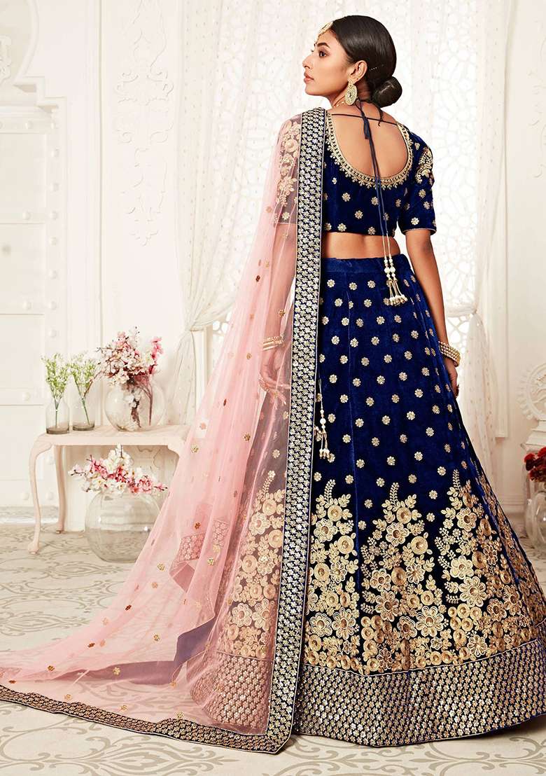 Navy Blue Embroidered Poly Blend Lehenga Set for Diwali and Festive Wear - Indya