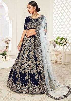 Navy Blue Embroidered Velvet Lehenga Set