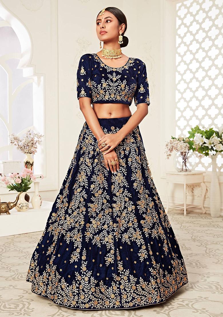Navy Blue Embroidered Velvet Lehenga Set