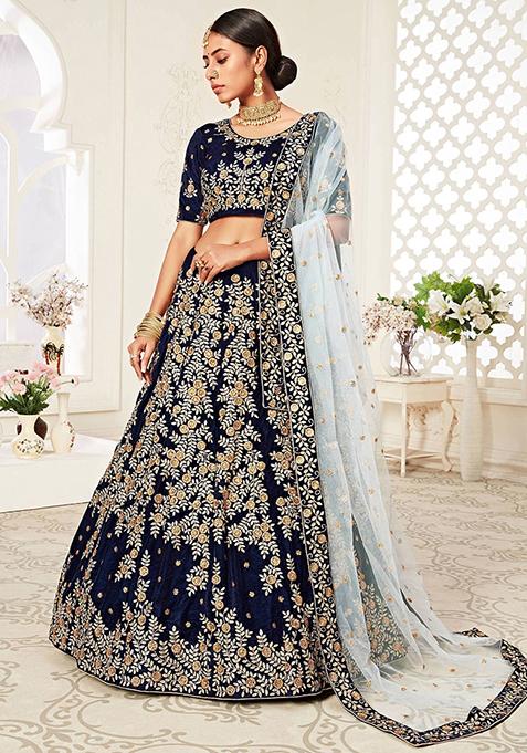 Navy Blue Embroidered Velvet Lehenga Set