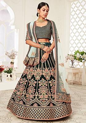 Green Floral Print Velvet Lehenga Set