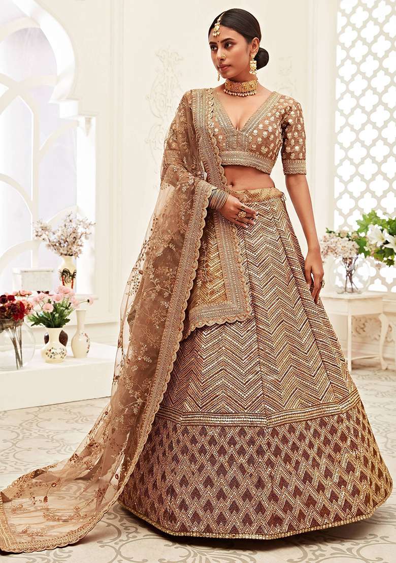 Brown Silk Blend Lehenga Set with Embroidered for Diwali | Wedding & Festive Wear - Indya