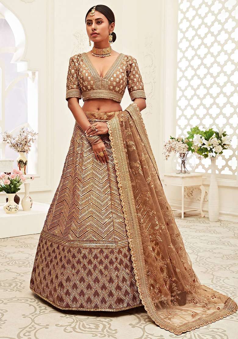 Brown Silk Blend Lehenga Set with Embroidered for Diwali | Wedding & Festive Wear - Indya