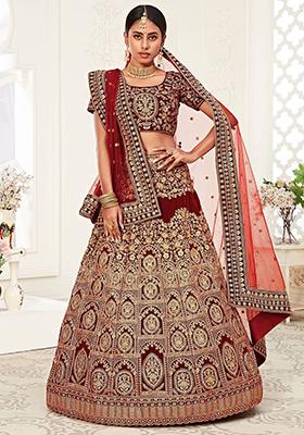 Red Embroidered Velvet Lehenga Set